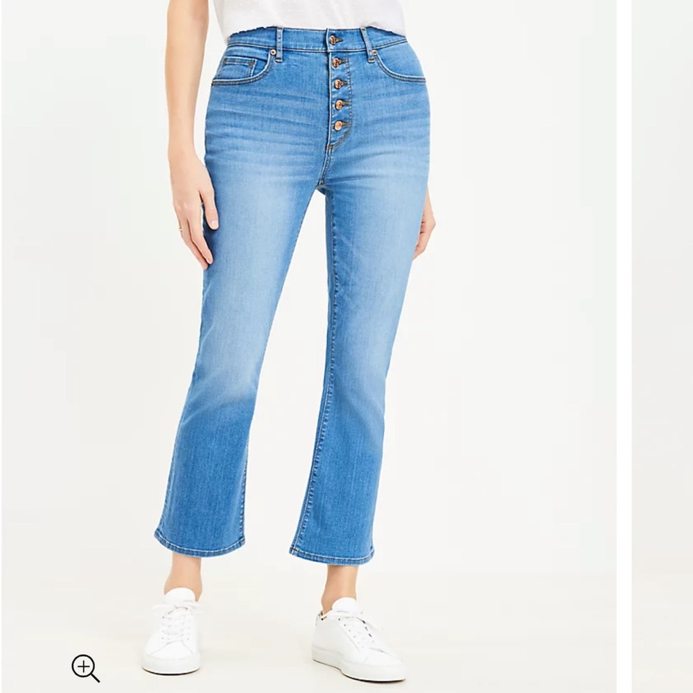 Tall Curvy Button Front High Rise Kick Crop Jeans in Bright Mid Indigo Wash